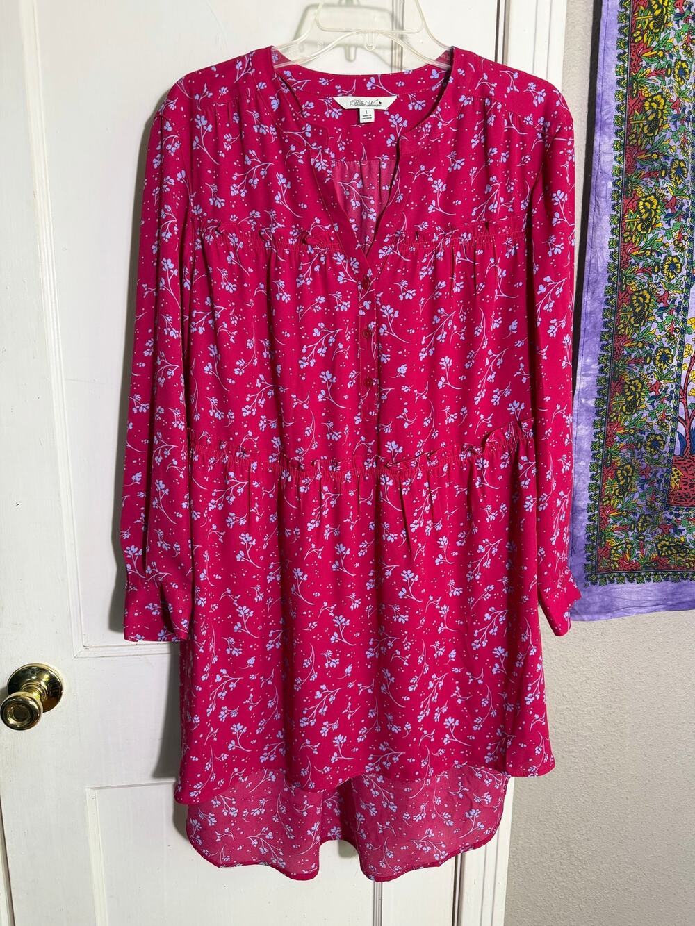 The Pioneer Woman Pink Floral Tiered Tunic Dress Large Boho Long Sleeve